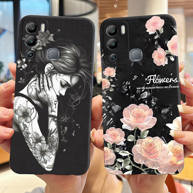 สําหรับ Infinix HOT 12i X665B X665 ซิลิโคนนุ่มสีดําปลอกเคสโทรศัพท์ออกแบบใหม่รูปแบบสาวดอกไม้หวานทาสีฝ
