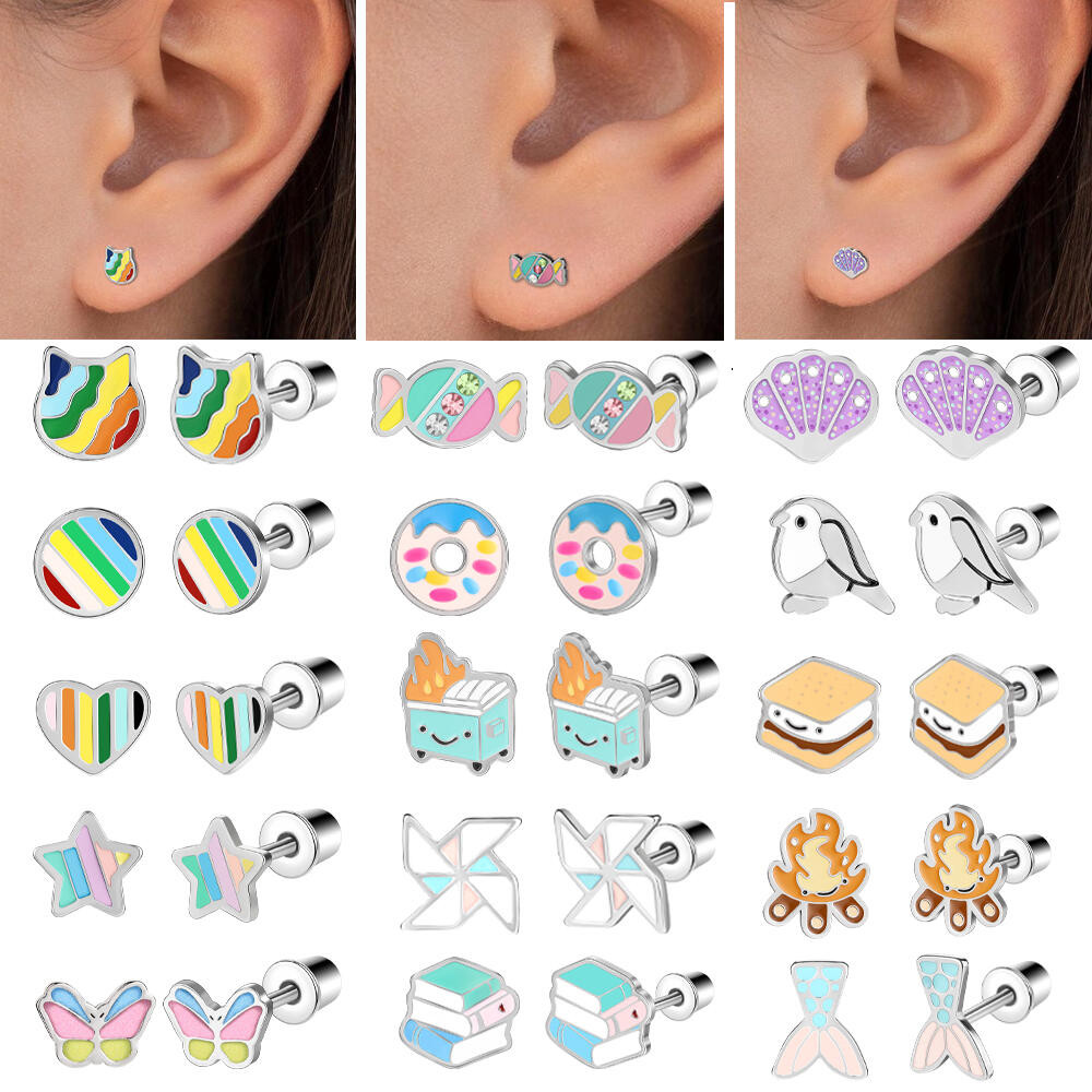 1 PC 20G ต่างหูสตั๊ดสแตนเลสหู Studs ผีเสื้อ/การ์ตูนน่ารัก Helix Conch กระดูกอ่อนเจาะต่างหู