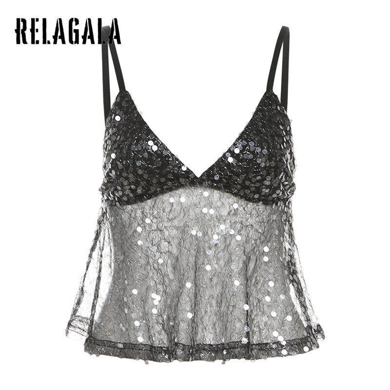 RELAGALA เสื้อกล้ามสำหรับผู้หญิง 2025 ฤดูร้อนใหม่เซ็กซี่ Sequined Suspender V คอ Halter สั้นสีทึบ