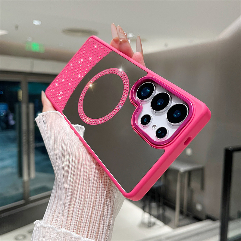 สำหรับ Samsung Galaxy S25 Ultra S24 S23 S22 S21 Ultra Plus S24EE เคสโทรศัพท์แข็งใหม่ประดับเพชรแวววาว กระจกเครื่องสำอางแม่เหล็ก กันกระแทก ชาร์จไร้สาย