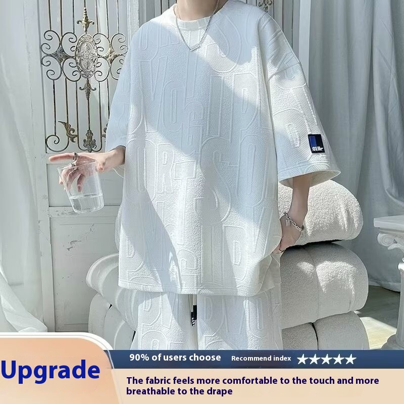 TIANLESIWEI ฤดูร้อนแขนสั้นชุดผู้ชายหลวมสบายๆกีฬาเยาวชนวาฟเฟิล Jacquard Top และกางเกงขาสั้น - รูปที่ 2