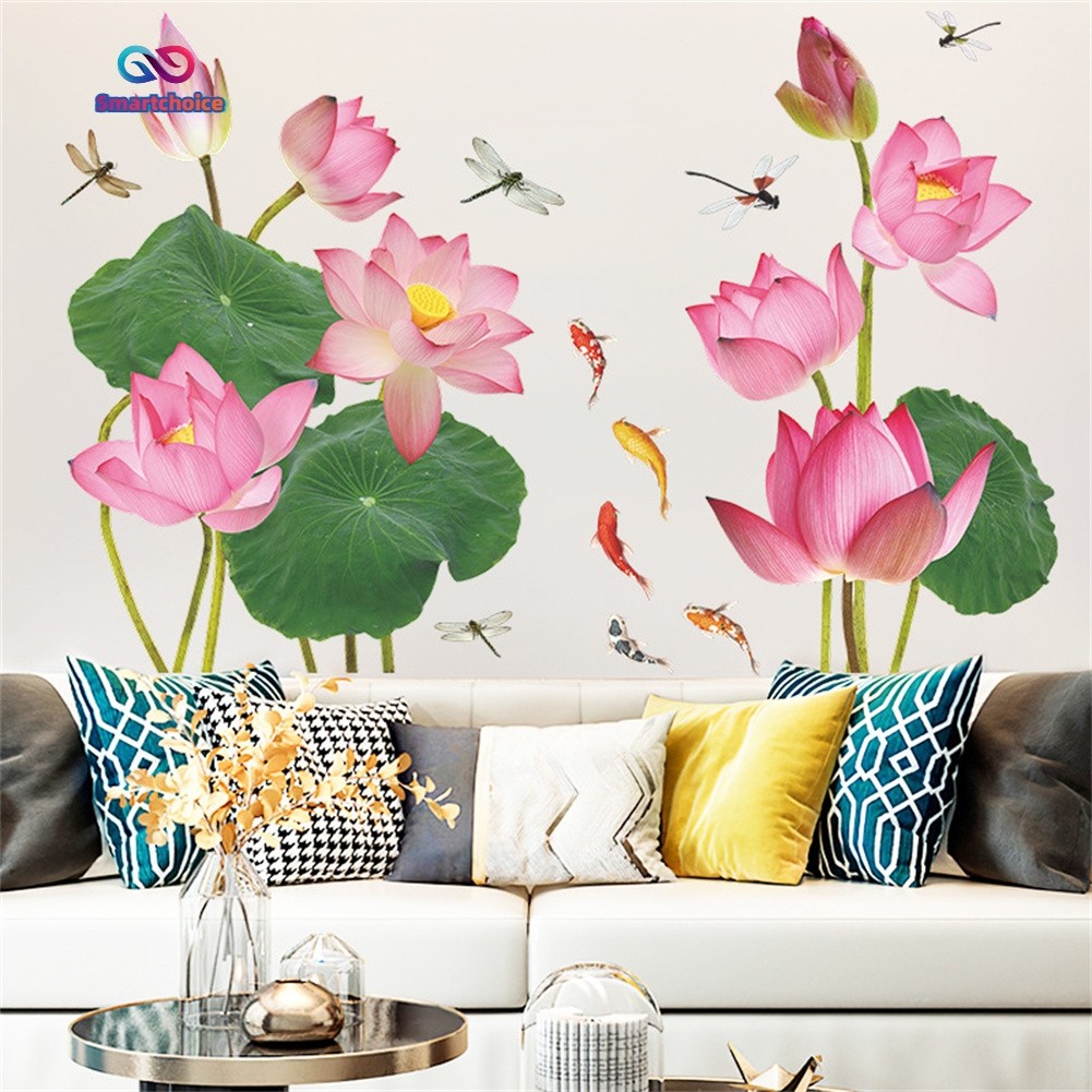 ทางเลือกอัจฉริยะ สติกเกอร์ดอกบัวสดสไตล์จีน Koi Dragonfly ห้องนอน Wall Decora สติ๊กเกอร์ติดผนัง