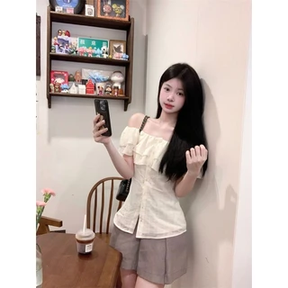 (พร้อมส่งด่วนจากกรุงเทพ🇹🇭)เสื้อเกาหลีปาดไหล่ ดีไซน์ไม่เหมือนใคร ใส่แล้วดูหุ่นดี ใส่เที่ยวคาเฟ่ได้-Z279