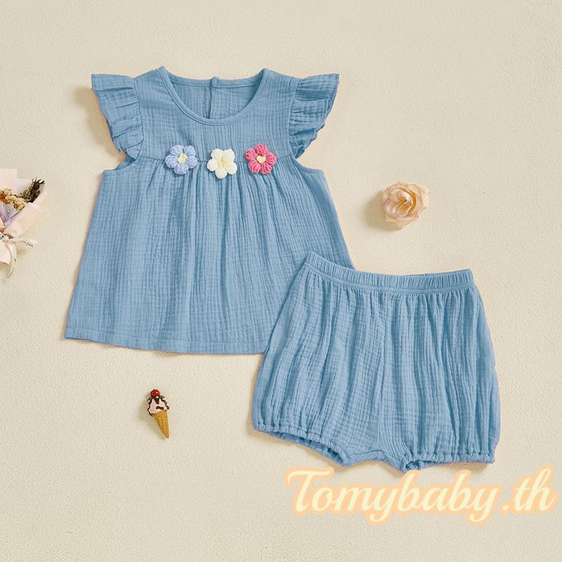 Tomybaby-เด็กทารกชุด 2 ชิ้นบินแขน O คอ 3D ดอกไม้เสื้อ + กางเกงขาสั้นผ้าฝ้ายผ้าลินินชุด