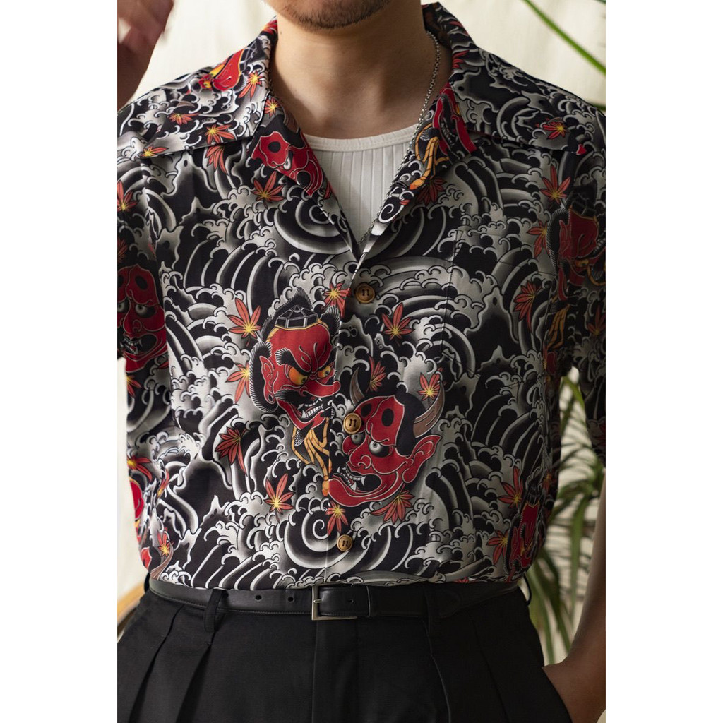 แขนสั้นลายสัก Prajna Tengu เสื้อฮาวายพิมพ์ลาย คอคิวบา หลวม สไตล์วินเทจ สำหรับผู้ชาย