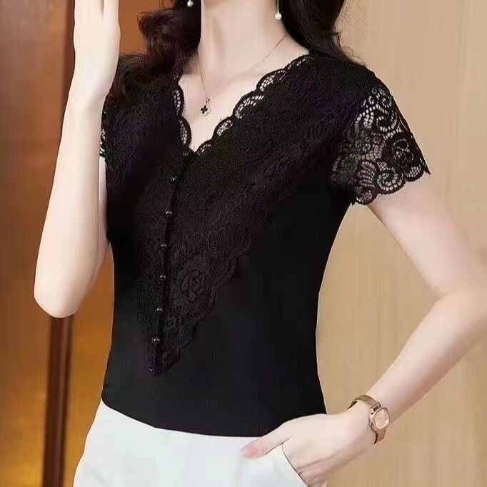 ใหม่ลูกไม้สั้นเสื้อยืดผู้หญิงคอวีแขนสั้นลูกไม้แขนสั้นใส่แล้วดูผอมปกปิดเนื้อสไตล์ตะวันตกครึ่งแขน
