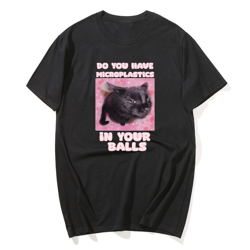 Microplastics In Balls แมวตลก Meme เสื้อยืดสําหรับผู้ชายผู้หญิง Ironic Cat T เสื้อ Goofy Ahh แมว Tee