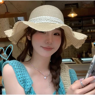 หมวกฟาง กันแดด วัสดุระบายอากาศ ปีกหมวกกว้าง ปัก น่ารัก พร้อมเชือกกันลม