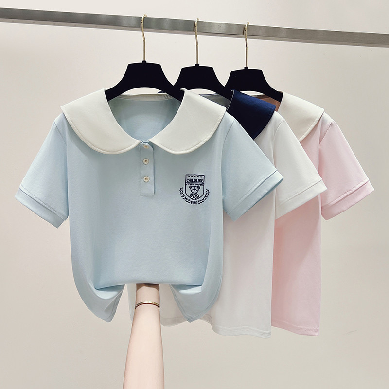 2025 ฤดูร้อนผู้หญิงคอตุ๊กตา POLO คอปกแขนสั้นเสื้อยืดด้านบน EOM0
