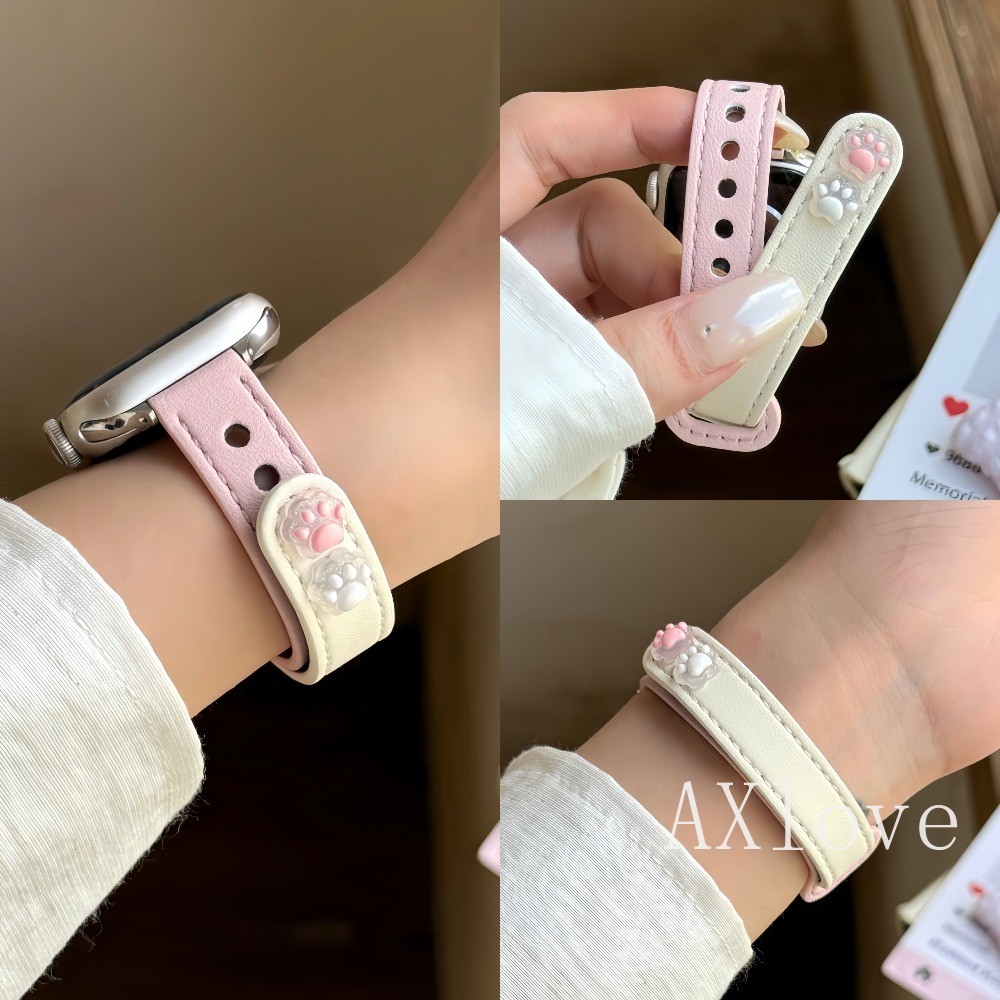Cats Paw สายหนังสําหรับ Apple Watch Series 10 42 46 มม.9 8 7 38 44 45 มม.Ultra 49 มม.สร้อยข้อมือ IWa