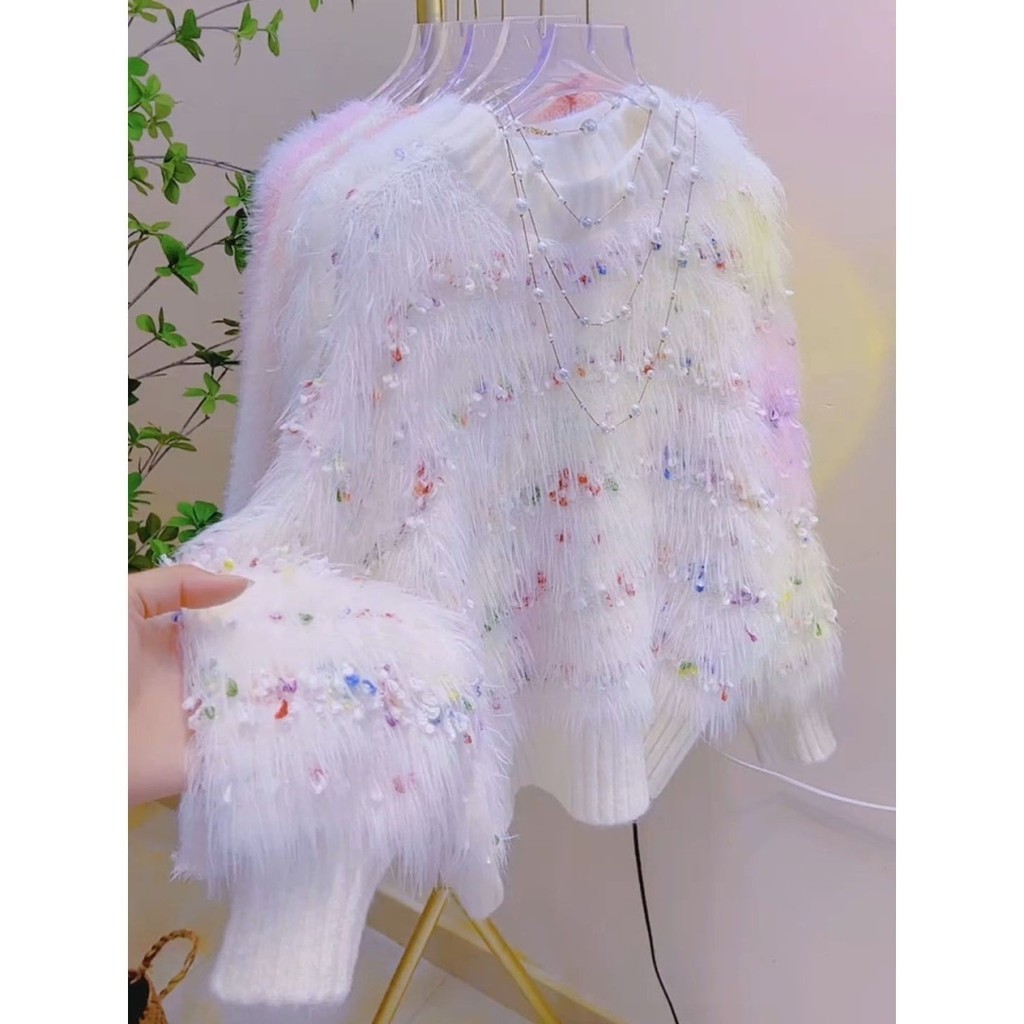 เสื้อสเวตเตอร์หนานุ่มถักลายจุดสี2024สำหรับผู้หญิงใส่แล้วดูผอมสไตล์เกาหลีหลวมสไตล์ชิวๆดูดีสำหรับฤดูใบไม้ร่วงและฤดูหนาวเสื้อผ้าผู้หญิง