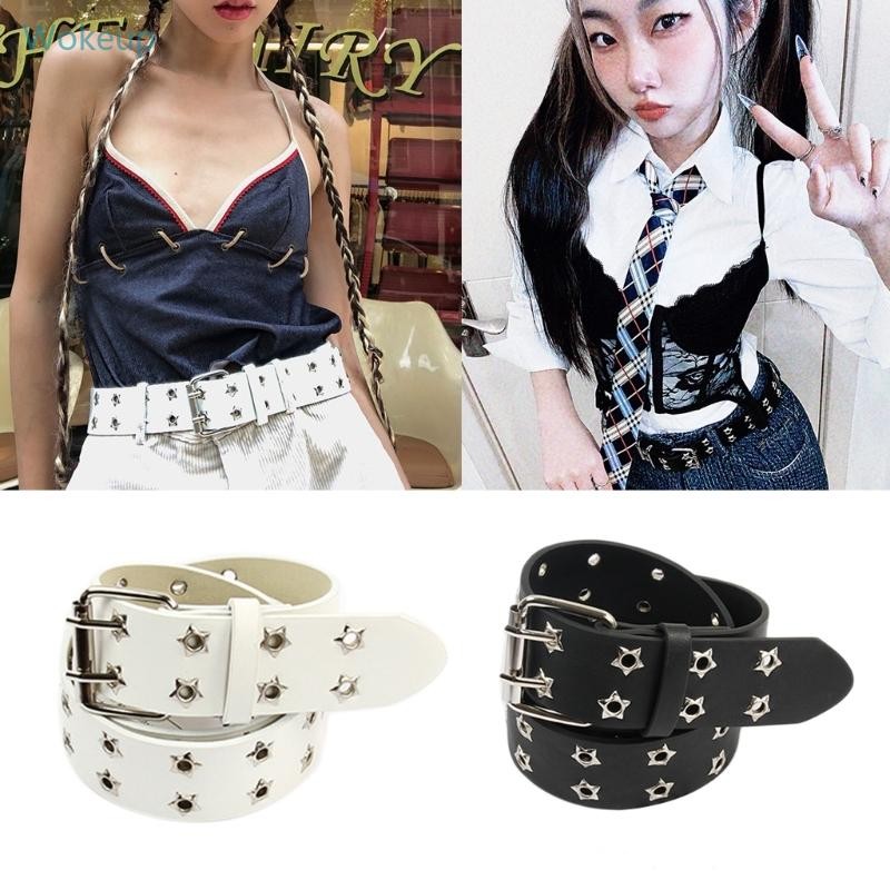 Wake แฟชั่นผู้หญิงเข็มขัดหนังคู่ Grommet โลหะผสมหัวเข็มขัด 1 5 กว้าง Faux หนัง Casual เข็มขัดเอวสําหรับกางเกงยีนส์กางเกง