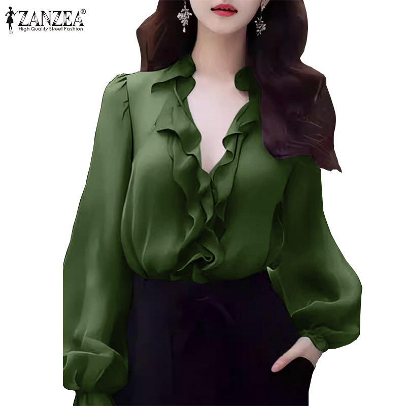 Zanzea เสื้อเบลาส์แขนยาวคอวีแฟชั่นเกาหลีสําหรับผู้หญิง