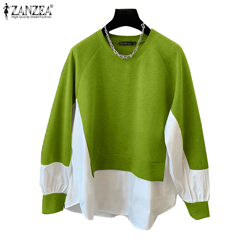 Zanzea ผู้หญิงเกาหลีคอกลมแขนยาวไม่สม่ําเสมอ Patchwork เสื้อหลวม