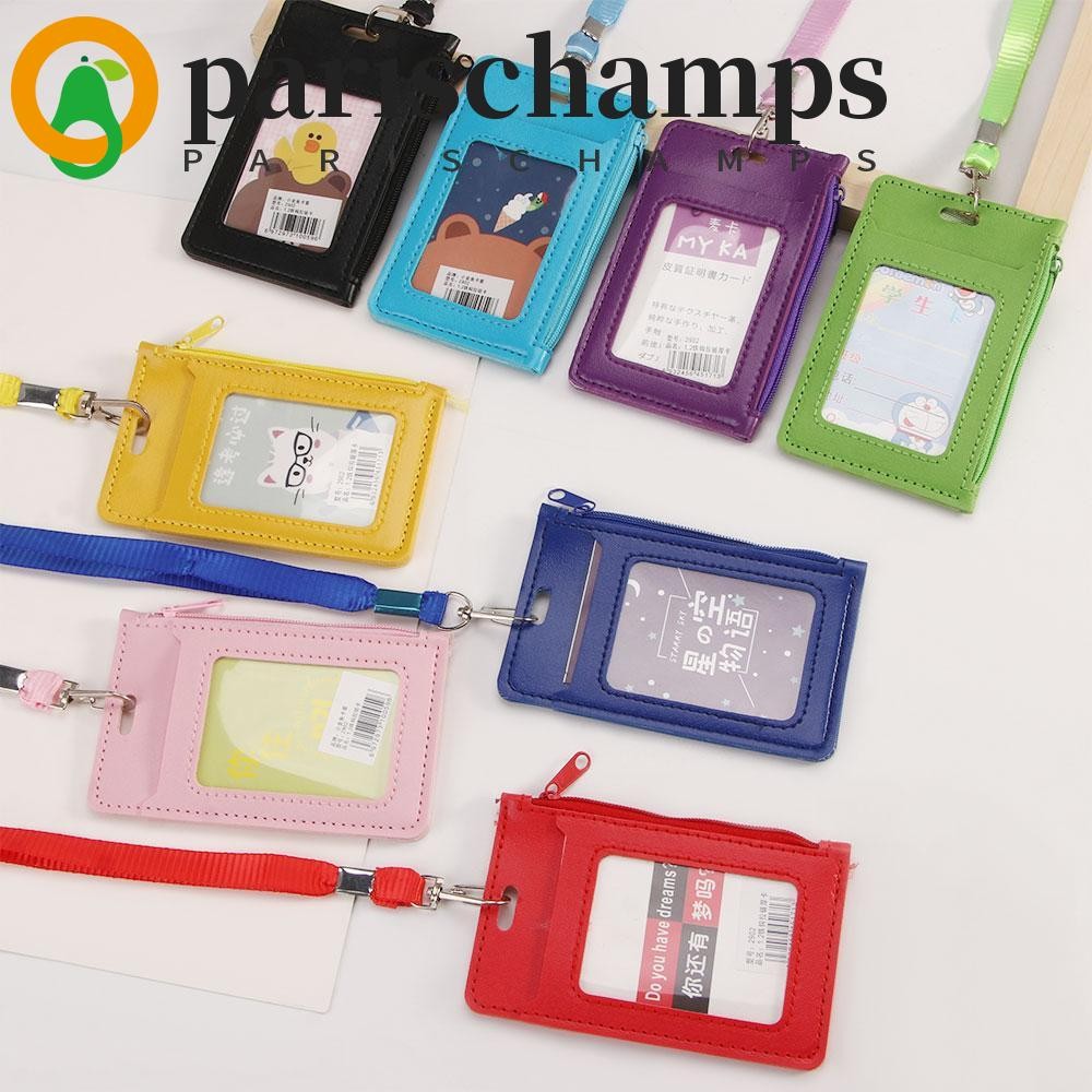 Parischamps ID Holders with Neck Strap PU Leather Lanyard Badge Holders Wallet Money Pouch Zipper Coin Purses
