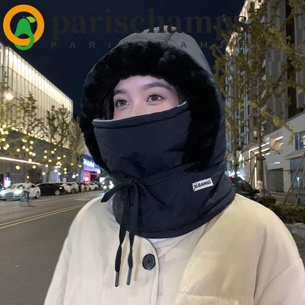 Parischamps หมวกกันลมปั่นจักรยาน, เชือกสีทึบ 3-in-1 หมวกปั่นจักรยานฤดูหนาว, หน้ากากป้องกันหูแบบนุ่มกํามะหยี่ฤดูหนาวไหมพรมกลางแจ้ง