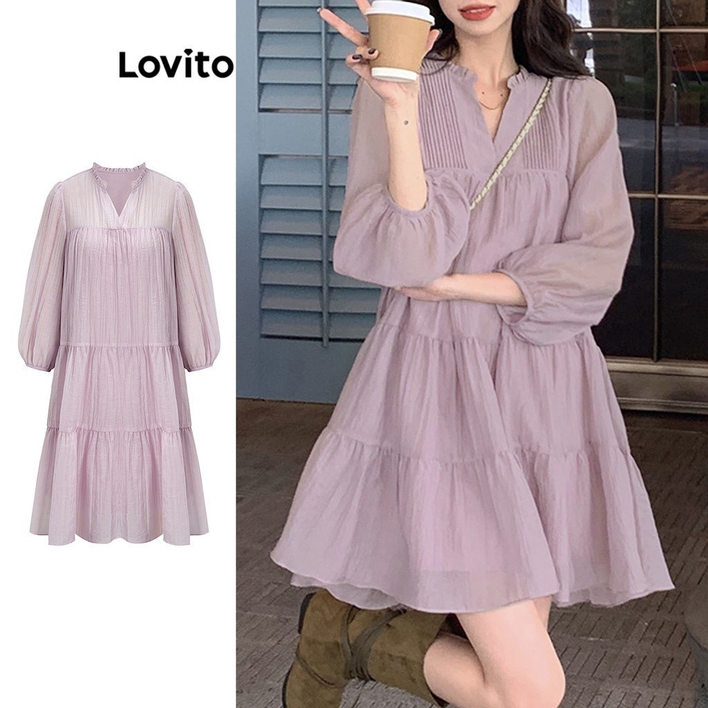 Lovito ชุดเดรสผู้หญิง ผ้าแต่งเป็นชั้น สองชั้น ผ้าโปร่ง สีพื้น สไตล์น่ารัก L61AD087 (สีม่วงอ่อน)