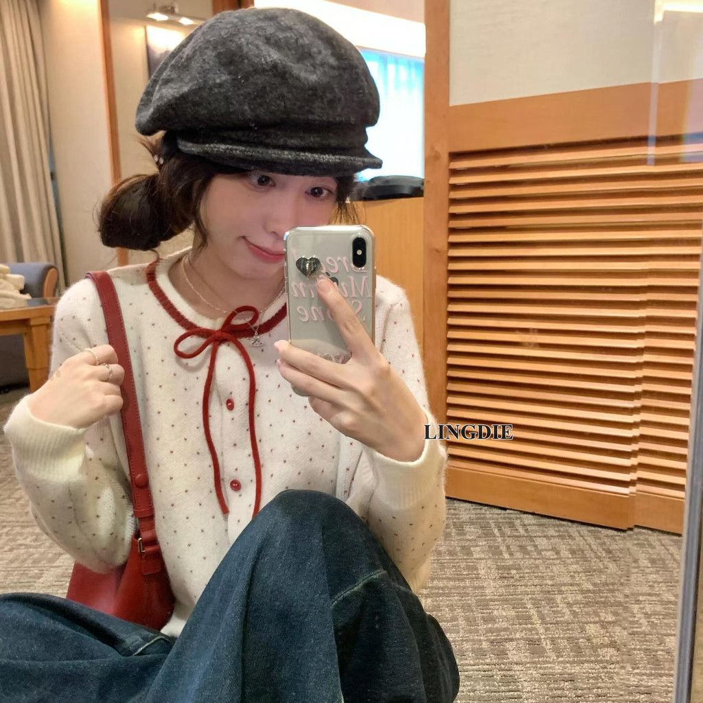 หลิงดี้ ด้านบนของผู้หญิงเกาหลีหวานผูกโบว์ผูกสีตัดกันถักเสื้อกันหนาวคาร์ดิแกน
