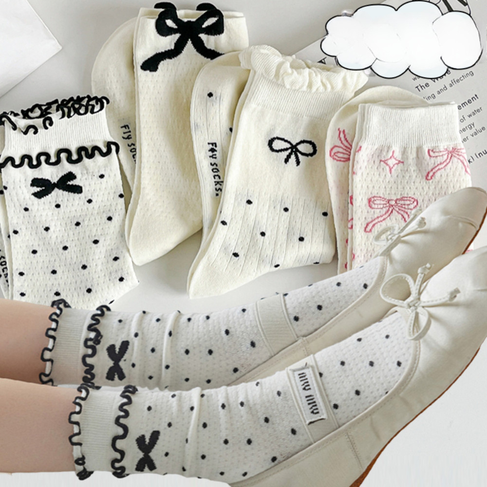1 คู่ Retro Bow Breathable ถุงเท้าบัลเล่ต์สไตล์ JK กลางหลอดถุงเท้าสาวหวาน Hollow ตาข่าย Anti Pilling ถุงเท้า