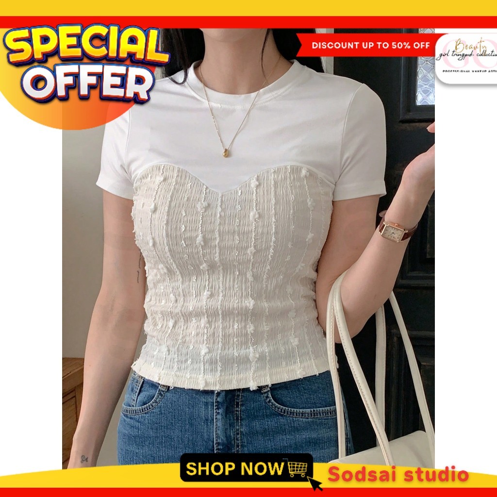 มาใหม่ 2 สี*****เสื้อสตรี เสื้อเบลาส์ & เสื้อยืด เสื้อยืดแขนสั้นผู้หญิง Patchwork Slim Fit ฤดูร้อน