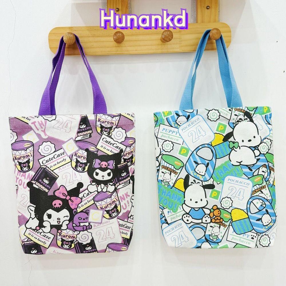 Hunan กระเป๋าผ้าแคนวาส, กระเป๋าถือ Sanrio การ์ตูนแบบใช้ซ้ําได้, กระเป๋าใส่ข้าวกลางวันแมว Kuromi Pochacco KT ความจุขนาดใหญ่
