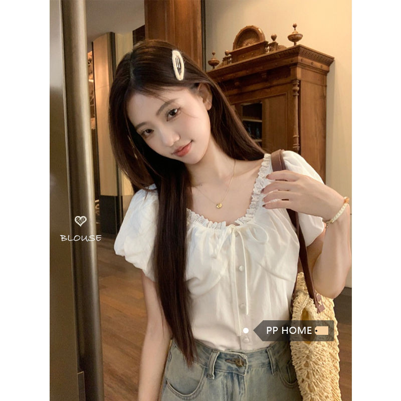 🧡LINNA🧡ขาว คอวี แขนสั้น เสื้อเชิ้ต ลูกไม้ ผูกขึ้น ความเรียบง่าย