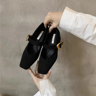Atikota รองเท้าส้นสูงผู้หญิง Mary Jane แฟชั่น Retro สไตล์ One-line Buckle Square Toe รองเท้า