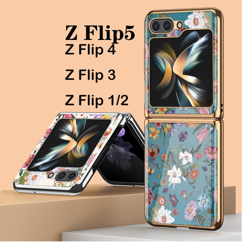 Yสำหรับ Samsung Galaxy Z flip 5 Z flip 4 Z flip 3 Z 2 Z พลิก1วินเทจดอกไม้อะคริลิคกันกระแทกเคสโทรศัพท