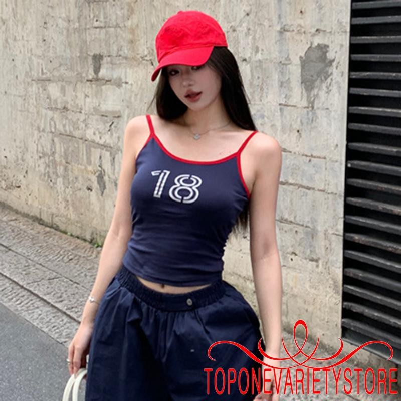 Topone-women Spaghetti Strap Camisole Number Print Contrast Color Trim Slim Fit Scoop Neck Crop Tank Tops