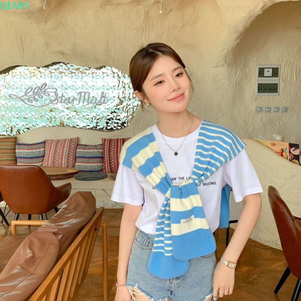 Qeary Stripe ผ้าคลุมไหล่ถัก, ผ้าพันคอสไตล์เกาหลี Cape Neck Guard เสื้อ, Retro Candy Color Knotted Elegant ปกปลอม Wraps เสื้อผ้าตกแต่ง