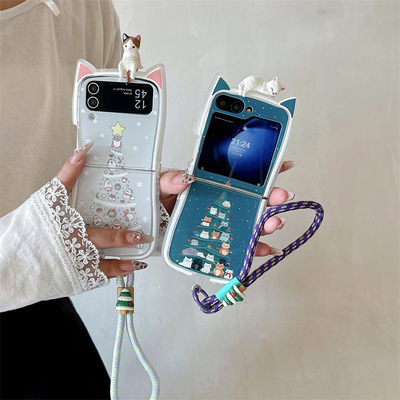 การ์ตูนคริสต์มาสหมีเคสโทรศัพท์สําหรับ Samsung Galaxy Z Flip 3 4 5 6 ZFlip4 ZFlip5 ZFlip6 หูแมวกันกระแทกฝาหลัง