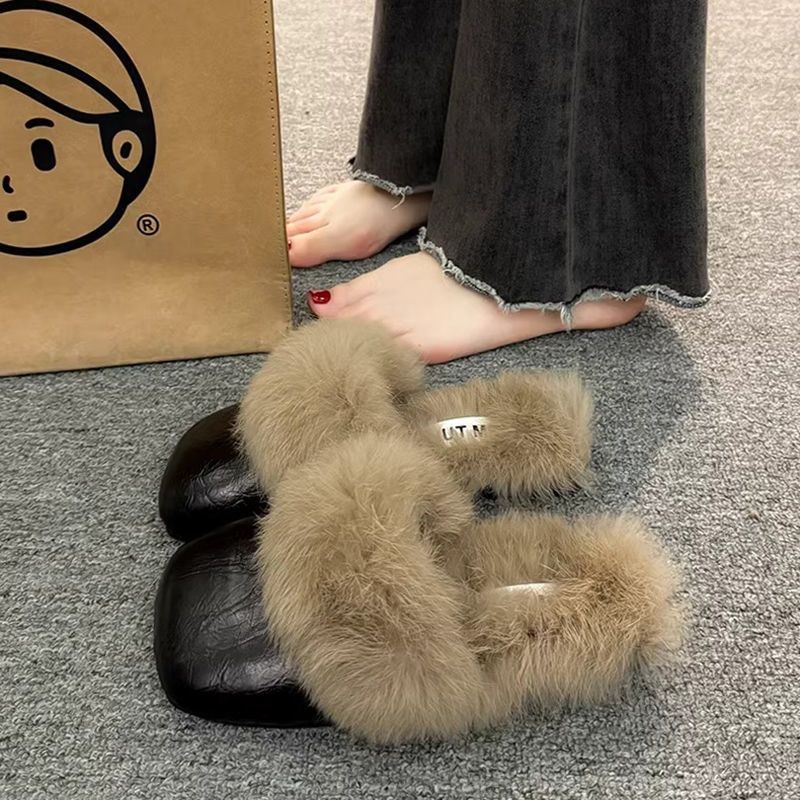 สวมใส่ด้านนอก All-Match Anti-Slip รองเท้าผู้หญิง 2024 สบาย Furry รองเท้าแตะแฟชั่น Warm Cotton Sli