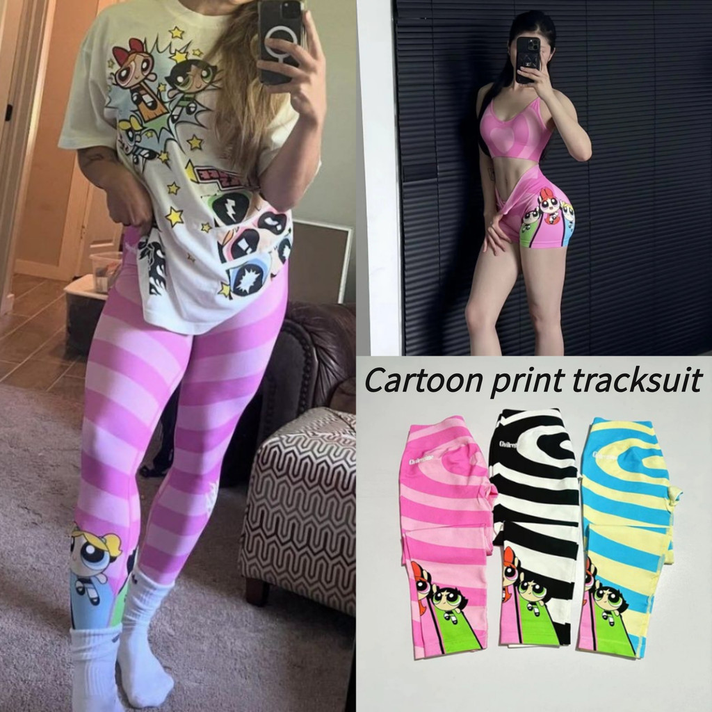 การ์ตูนไม่มีรอยต่อกางเกงขาสั้นผอมกางเกง/สปอร์ตบราพิมพ์ Powerpuff Skinny Hip-Lifting โยคะกางเกงขาสั้นผู้หญิง/ชุดฟิตเนส