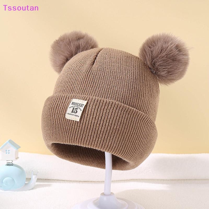 [TSST] หมวกฤดูหนาวน่ารักสีทึบขนสัตว์ถัก Bonnet Bebe หมวกเด็กแรกเกิด Pompom สําหรับเด็กชายหญิงเด็กหมวกอุ่น TAN