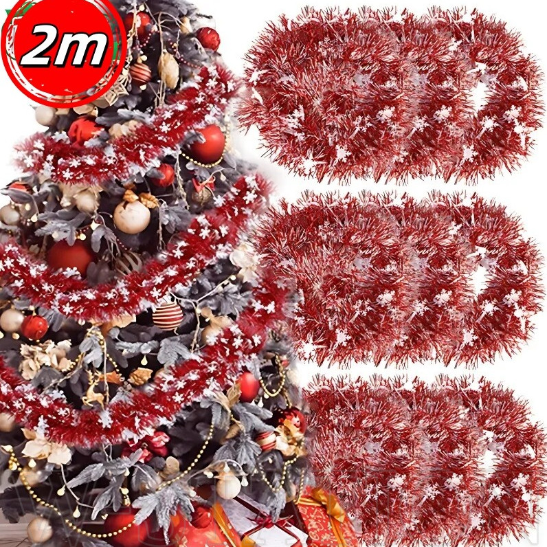 2m Red Sparkling Christmas Ribbon - DIY ปลอม Creeper สีเขียว Leaf Ivy Vine - แถบตกแต่งคริสต์มาสริบบิ้น - Snowman Gingerbread Man พวงหรีดตกแต่งต้นคริสต์มาส