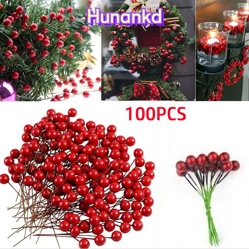 Hunan 100 ชิ้นประดิษฐ์สีแดง Holly Berries ดอกไม้, คริสต์มาส DIY ผลไม้ปลอม Berry, Mini Party Decor ตกแต่งคริสต์มาสปลอม Red Berries