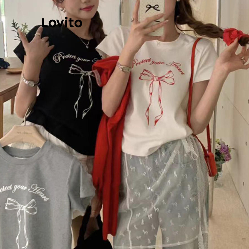 Lovito เสื้อยืดผู้หญิง แต่งโบว์ สีพื้น สไตล์ลำลอง LNE59571
