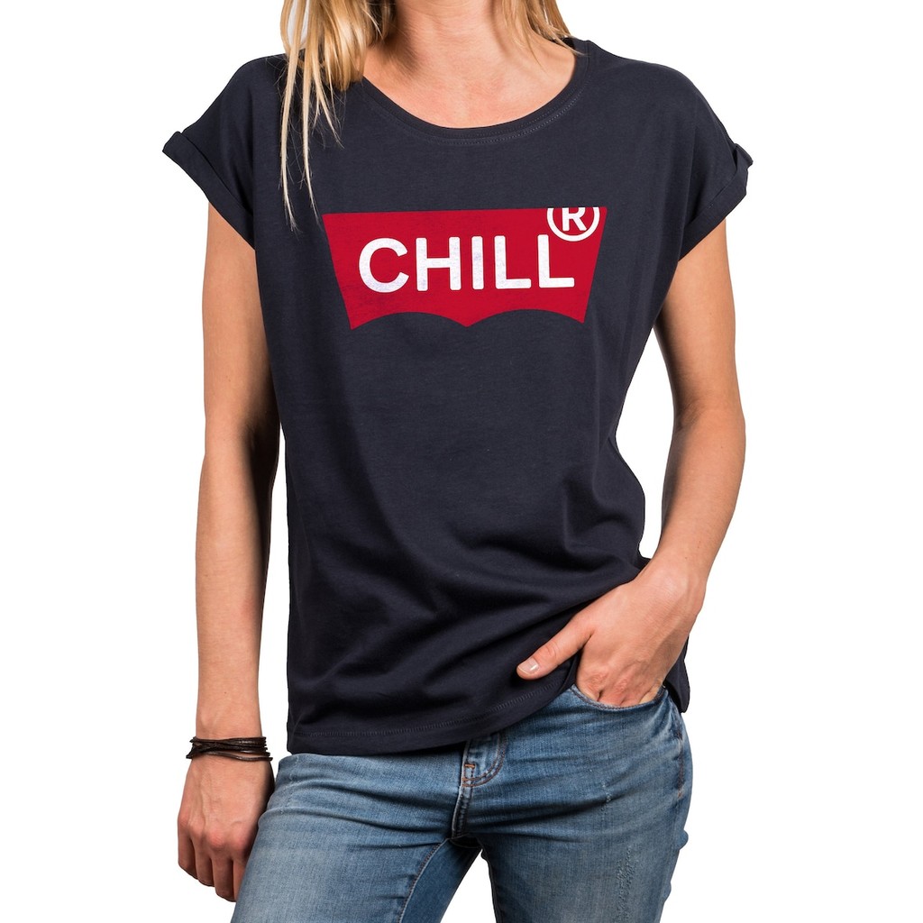 Cool ladies T-shirt with print, chill, slogan shirt, parody shirt, loose fit, large sizes, blue, nav