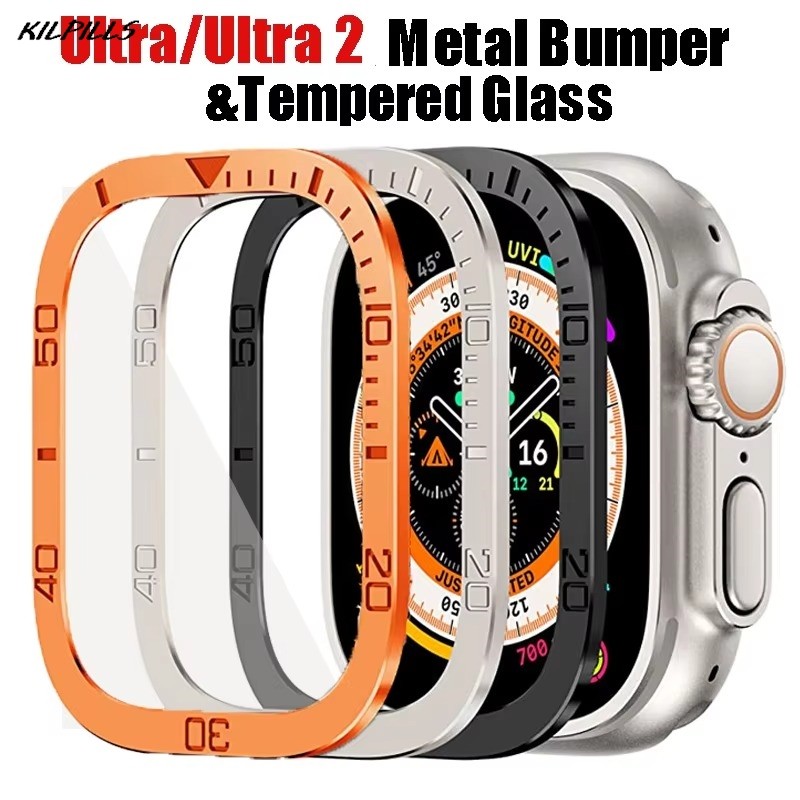 กระจกสําหรับ iWatch band ultra 49 มม.ป้องกันหน้าจอ Anti-Scratch อลูมิเนียมกรอบ + HD ฟิล์มกระจกนิรภัย iWatch ultra 2/3