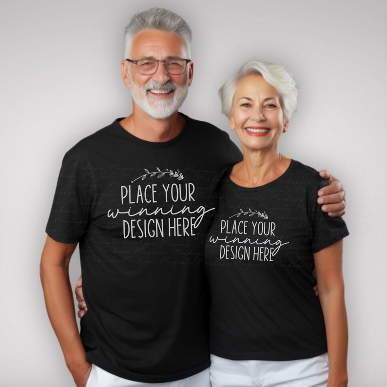 black t-shirt couple mockup mature age older couple seniors mockups grandparents grandma grandad bla