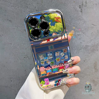 สําหรับ iPhone 11 16 13 12 7Plus 15 14 Pro Max Xr X Xs Max 8 6 6s Plus Case Crayon Shin-chan เวลาว่างเคสโทรศัพท์ + โซ่ + ผู้ถือชุบหรูหราคมชัดหน้าต่างกันกระแทกป้องกันปกหลัง
