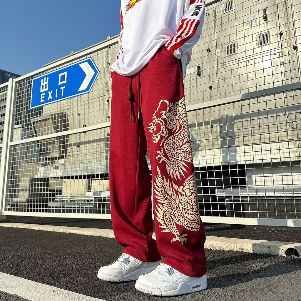 ใหม่สไตล์จีน Golden Dragon Totem Autumn Long Pants Jogging Pant กางเกงขายาว