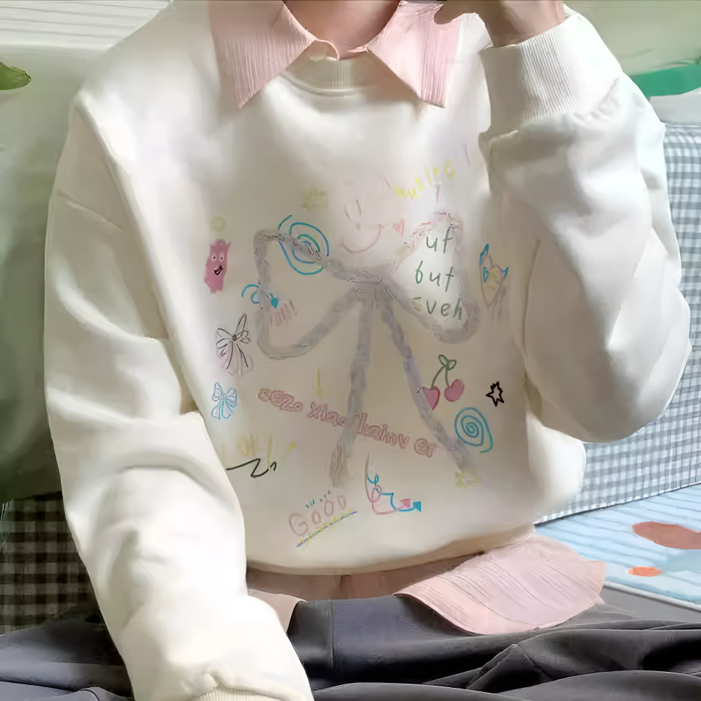 Aurora Charm เสื้อสเวตเตอร์ผู้หญิง สไตล์เกาหลี คอกลม ทรงหลวม สีครีม น่ารักใส่สบาย