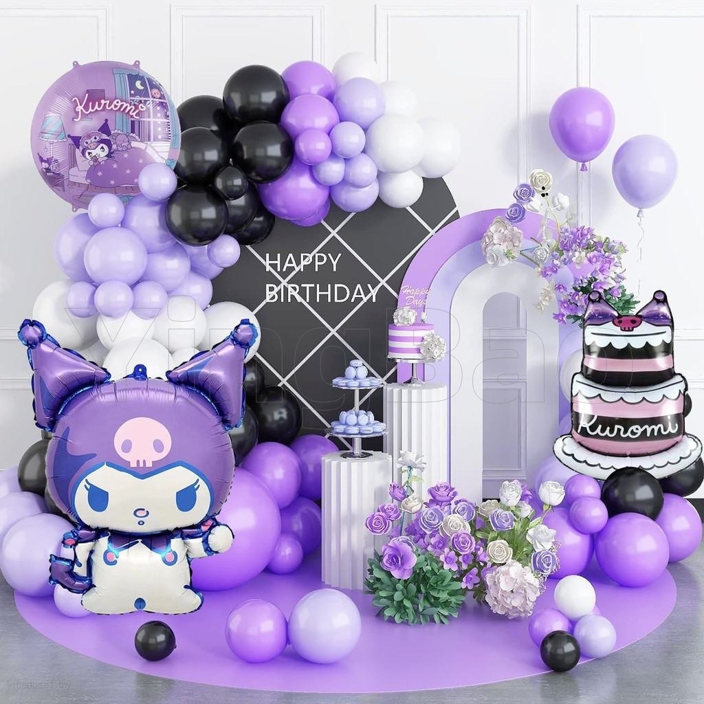 104pcs Kuromi Theme สีดําสีม่วงบอลลูน Garland Arch ชุดตกแต่งบอลลูนยางการ์ตูนอลูมิเนียมฟอยล์บอลลูนเด็กวันเกิด Partyneeds