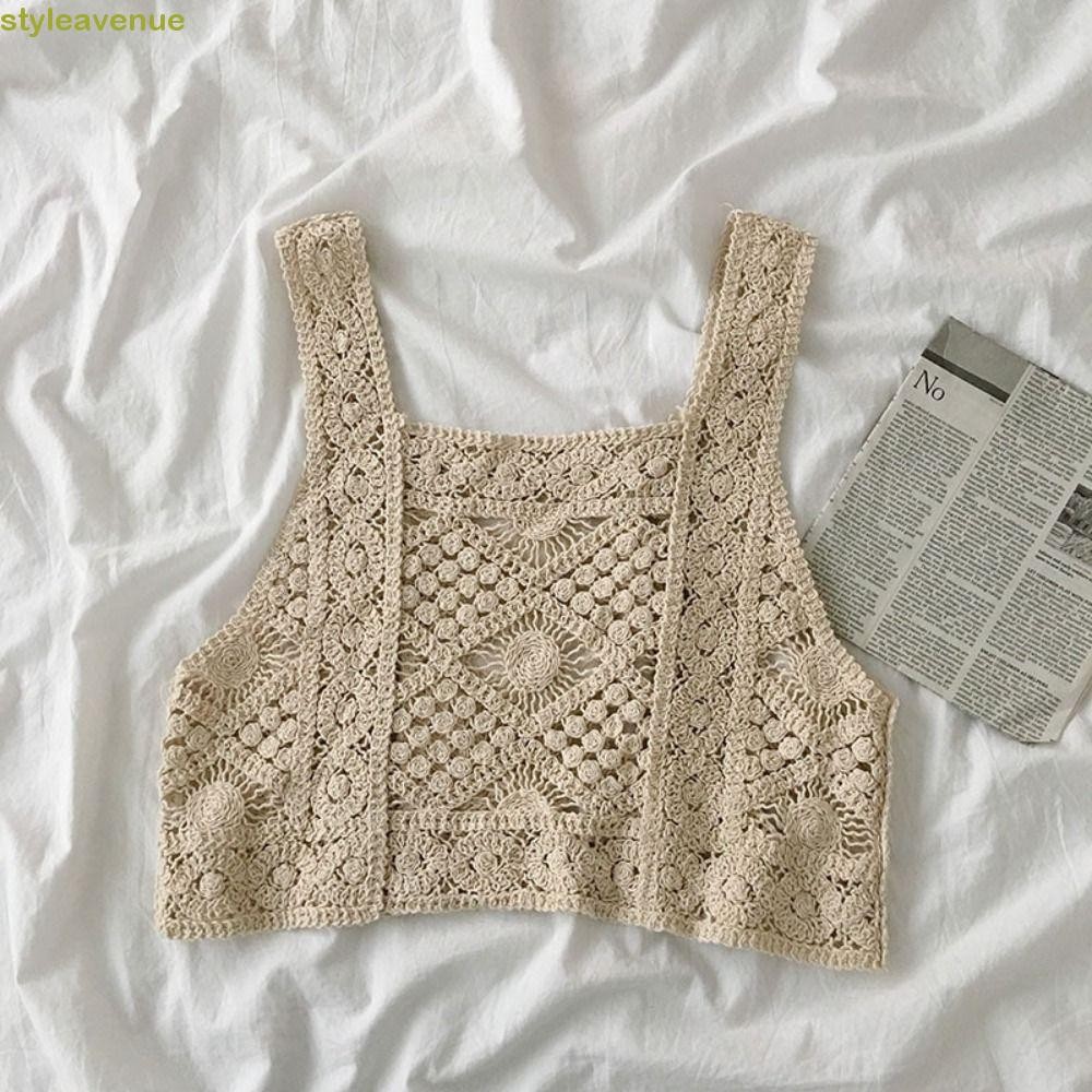 Styleavenue ผู้หญิงโครเชต์ Camisoles แขนกุด Backless Hollow Out ชุดชั้นใน Bralette ที่มองไม่เห็น Crop Tops