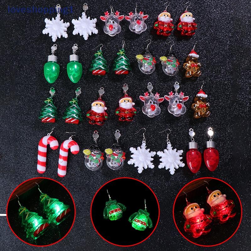 Loveshopping Luminous Merry Christmas ต่างหูซานตาคลอสต้นคริสต์มาส Xmas Snowman คลิปหูเครื่องประดับเงา LED Drop ต่างหู TH