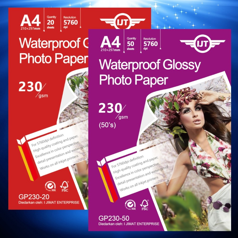IJT GP230-20 20 แผ่น / GP230-50 50 แผ่นกันน้ํา Inkjet Glossy กระดาษภาพถ่าย A4 ขนาด 230g 230g 230gsm 