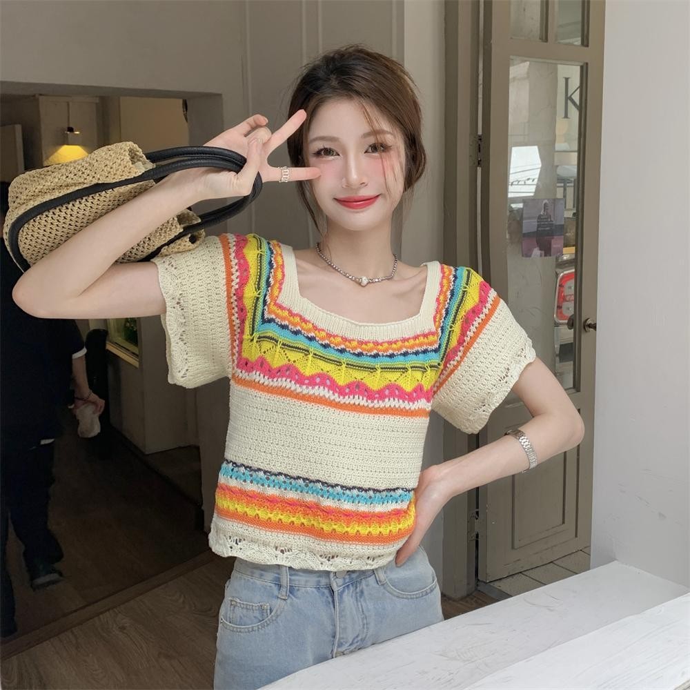 ส่งไวจากไทย⭐Summer⭐S-2XL ถักเสื้อยืดผู้หญิงแขนสั้นลายหลวมคอสี่เหลี่ยมด้านบน
