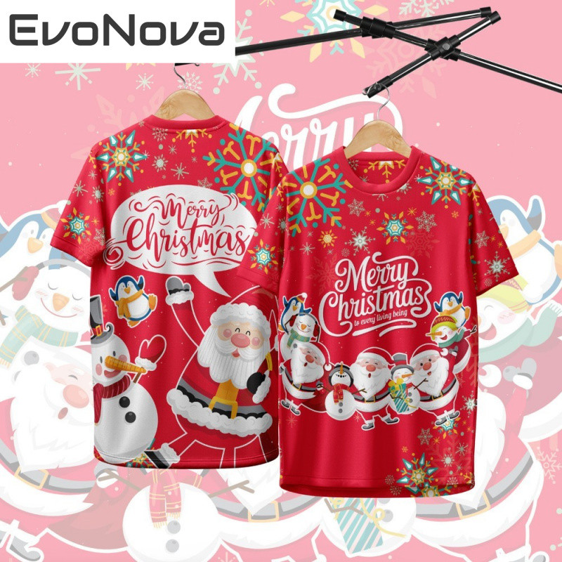 Evonova 2025สุขสันต์วันคริสต์มาสเสื้อยืดเต็มระเหิดไมโครไฟเบอร์ย์ Baju คริสต์มาส santas คริสต์มาสสวัสดีปีใหม่ครอบครัววันเสื้อผ้าพร้อมสต็อก