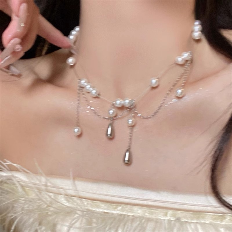 [ในสต็อก] Water DROP Pearl fringed สร้อยคอ French ฤดูใบไม้ร่วงและฤดูหนาวเสื้อกันหนาว CHAIN